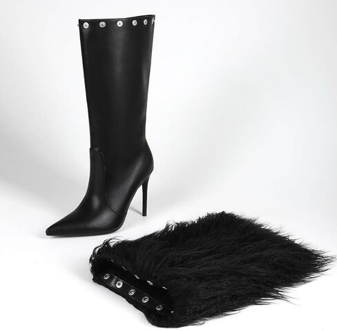 Fur Boots for Women Knee High Foldover Boots with Detachable Long Fur, Pointed Toe Stiletto High Heel Tall Boots in Saudi Arabia
