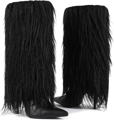 Fur Boots for Women Knee High Foldover Boots with Detachable Long Fur, Pointed Toe Stiletto High Heel Tall Boots in Saudi Arabia