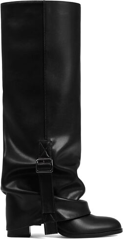 أحذية طويلة للركبة واسعة الساق للنساء قابلة للطي فوق حذاء طويل فضفاض بمقدمة مستديرة وإبزيم in Kuwait