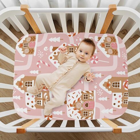 Gingerbread House Christmas Tree Pink Fitted Crib Sheets Stretchy Portable Playard Sheets for Baby Toddler, Breathable Soft Mini Crib Mattress 52 x 28 in for Boys and Girls in Kuwait