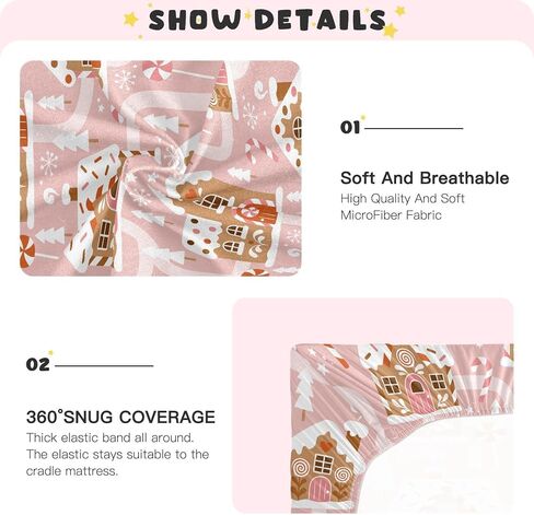 Gingerbread House Christmas Tree Pink Fitted Crib Sheets Stretchy Portable Playard Sheets for Baby Toddler, Breathable Soft Mini Crib Mattress 52 x 28 in for Boys and Girls in Kuwait