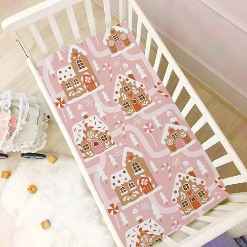 Gingerbread House Christmas Tree Pink Fitted Crib Sheets Stretchy Portable Playard Sheets for Baby Toddler, Breathable Soft Mini Crib Mattress 52 x 28 in for Boys and Girls in Kuwait