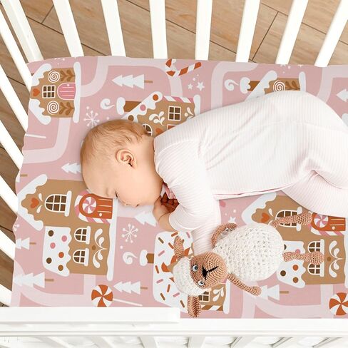 Gingerbread House Christmas Tree Pink Fitted Crib Sheets Stretchy Portable Playard Sheets for Baby Toddler, Breathable Soft Mini Crib Mattress 52 x 28 in for Boys and Girls in Kuwait