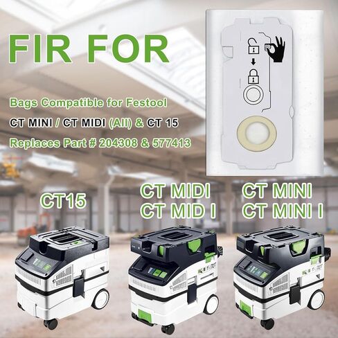 8 عبوات 204308 CT Mini/Midi -2/5 أكياس فلتر لسلسلة Festool CT (موديلات 2019+) - متوافقة مع CT MINI/MIDI I، CT 15، CTC MINI/MIDI، تصميم قابل للطي ذاتي الغلق in Kuwait