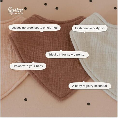 Parker Baby Muslin Bandana Drool Bibs | 100% Soft Muslin Cotton, Absorbent & Adjustable | Stylish Teething & Drooling Bibs in Saudi Arabia