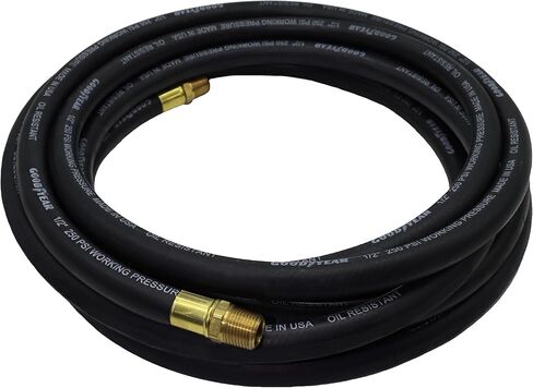 خرطوم هواء مطاطي أسود مقاس 25 × 1/2 بوصة من Goodyear - ضغط عمل 250 رطل لكل بوصة مربعة - ضغط انفجار 1070 رطل لكل بوصة مربعة - تركيبات نحاسية 100% مقاس 1/4 بوصة NPT - صنع في الولايات المتحدة الأمريكية in Kuwait