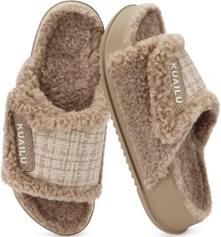 KuaiLu Cushion Slippers For Women with Orthotic Arch Support Wide Adjustable Open Toe Furry Fur Sandals Warm Teddy Fleece Recovery Slides Slip On House Shoes Indoor Outdoor Outfits in Saudi Arabia