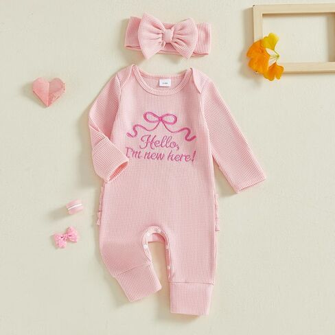 Merqwadd I'm New Here Outfit Baby Girl Long Sleeve Waffle Bow Jumpsuit Newborn Coming Home Outfit in Saudi Arabia