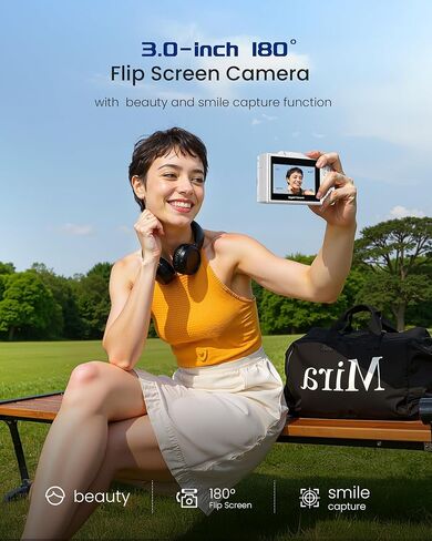 كاميرا رقمية 5K للتصوير الفوتوغرافي - كاميرا تسجيل فيديو بتركيز تلقائي بدقة 75 ميجابكسل مع بطاقة SD سعة 64 جيجابايت، واي فاي، تكبير 18X 3 بوصات 180 درجة كاميرا سفر مدمجة مع بطاريتين للمراهقين والمبتدئين in Kuwait