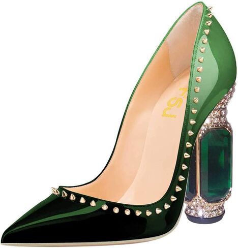 FSJ Women Bridal Pointed Toe Chunky Block High Heel Crystal Pumps Slip on Wedding Thick Comfort Evening Dress Studded Rivets Shoes in Kuwait