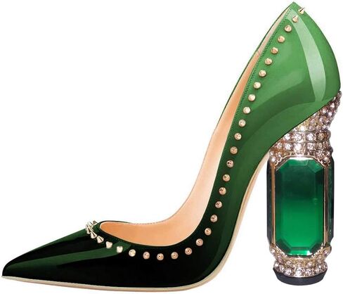 FSJ Women Bridal Pointed Toe Chunky Block High Heel Crystal Pumps Slip on Wedding Thick Comfort Evening Dress Studded Rivets Shoes in Kuwait