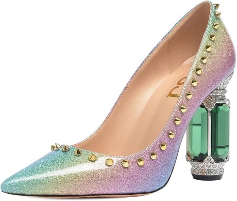 FSJ Women Bridal Pointed Toe Chunky Block High Heel Crystal Pumps Slip on Wedding Thick Comfort Evening Dress Studded Rivets Shoes in Kuwait