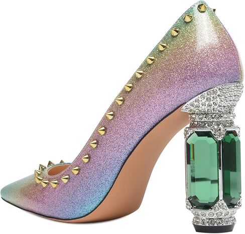 FSJ Women Bridal Pointed Toe Chunky Block High Heel Crystal Pumps Slip on Wedding Thick Comfort Evening Dress Studded Rivets Shoes in Kuwait