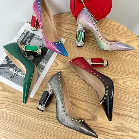 FSJ Women Bridal Pointed Toe Chunky Block High Heel Crystal Pumps Slip on Wedding Thick Comfort Evening Dress Studded Rivets Shoes in Kuwait