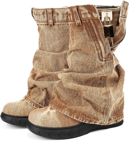 Women Denim Fold Over Western Cowboy Boots Mid-Calf Platform Wedge Platform with Zipper Round Toe Padlock Vintage Wide Calf Booties in Saudi Arabia