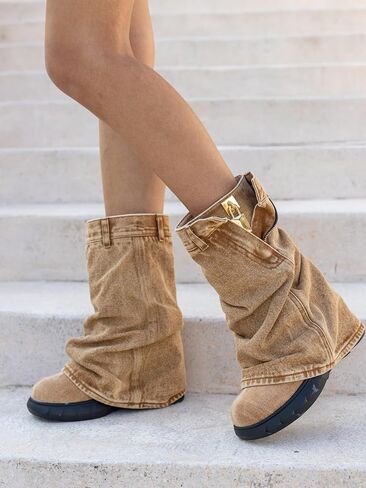 Women Denim Fold Over Western Cowboy Boots Mid-Calf Platform Wedge Platform with Zipper Round Toe Padlock Vintage Wide Calf Booties in Saudi Arabia