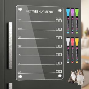 Shyldeva Acrylic Magnetic Weekly Pet Meal Planner for Fridge, 12 x 8 Inch Pet Feeding Reminder, Weekly Planning Board for Pet Dog Cat Feeding Tracker with 6 Colorful Erasable Markers