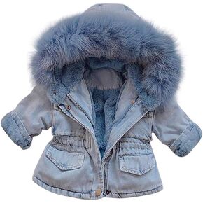 IWEMEK Toddler Girls Faux Fur Collar Denim Jacket Hooded Thicken Fleece Lined Jean Coat Plush Winter Hoodie Outwear Snowsuit