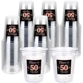 Amyhill 60 Pack 50th Birthday Plastic Cup Bulk 12 oz Rose Gold Cheers to 50 Years Disposable Clear Party Cups Happy Birthday Party Cups for Men Women 50th Birthday Decorations Party Favors Anniversary