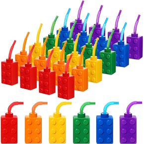 Building Blocks Cups 10 oz Reusable Brick Party Kids Cup Plastic Party Cups with Lids and Straws for Block Birthday Party Supplies and Favors(24 Set)