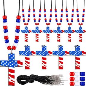 Landical 48 Set 4 of July Patriotic Craft Kits Religious Cross Necklace Craft Kit Wooden Crosses White Red and Blue Plastic Bead for DIY Patriotic Religious Craft Gifts Independence Day Sunday School