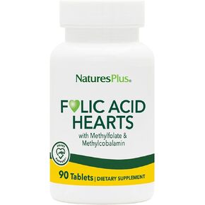 NaturesPlus Folic Acid Hearts (Methylfolate) - 400 mcg, 90 Vegetarian Tablets - with Vitamin B6 & Vitamin B12 (as Methylcobalamin) - Gluten-Free - 90 Servings