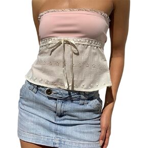 Women's Y2k Strapless Tube Top Lace Backless Bandeau Crop Tank Top Floral Off Shoulder Cami Shirts Summer 2024