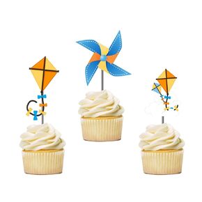 Flying Kite Cupcake Toppers 12 pcs, Pinwheel Cake Picks, Blue Birthday Decoration, Windmill Party Supplies, Boy Baby Shower Celebration