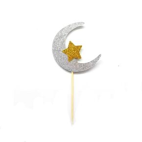 Silver Crescent Moon and Gold Twinkle Star Cupcake Topper Baby Shower Cupcake Toppers Star Theme Wedding Party Decoration Pack of 12