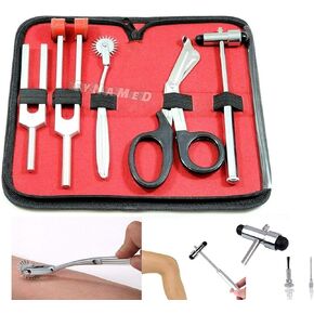 5 Piece Medical Student Diagnostic Kit - Reflex Neurological Buck Hammer And Tuning Fork Set C 128 And C 512. Includes Wartenberg Pinwheel, Premium Steel Bandage Scissor 7.5" Black