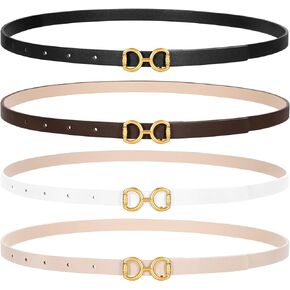 CESCOSI 4 Pack Women Skinny Leather Belts for Dresses Thin Waist Belt for Jeans with Gold Buckle 0.5" Width