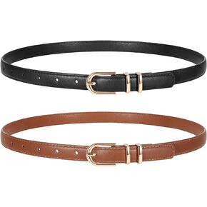 2 Pack Women Skinny Leather Belts for Jeans Pants Thin Faux Leather Belt with Gold Buckle