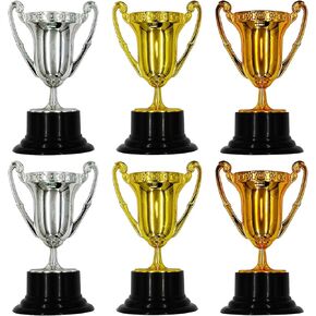 HOPELJ Kids Mini Award Trophy Cups - Pack of 6 Bulk - Plastic Gold Silver Bronze Award Trophies Set for Kids for Party Favors, Props, Rewards, Winning Prizes, Competitions