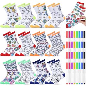 12 Pairs Kids Doodle Socks Color Your Own Socks Back to School DIY Kid Drawing Craft Arts with 48 Pcs Markers Handicraft Birthday Gifts for over 6 Years Old