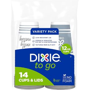 Dixie To Go Coffee Cups and Lids, Assorted Designs, Disposable Hot Beverage Cups & Lids (14 Count), Variety Pack