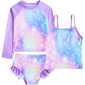 Funnycokid Girls Swimsuit 3 Pieces Long Sleeve Rash Guard Set Tankini Bathing Suits Summer Kids Swimwear 3-10 Years