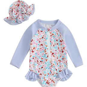 Toddler Baby Girl Long Sleeve Swimsuit One-Piece Zipper Swimsuit Girls Bathing Suit Rash Guard with Sun Hat