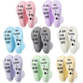 Suhine 8 Pairs Funny Teacher Socks for Women Teacher Theme Novelty Fuzzy Socks Teacher Gifts Bulk, If You Can Read This Teacher Is off Duty Socks for Graduation Appreciation Birthday Gifts, 8 Colors