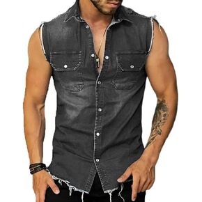 Glkaend Men's Sleeveless Denim Shirt Button Down Jean Tank Tops Vest Sleeveless Shirt