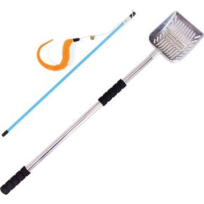 Orangepatrick 32 Inch Long Handle Cat Litter Scoop Shovel - Adjustable and Extendable Deep Kitty Scooper - Large Non Stick, Heavy Duty Metal Sifter - Complete with Cat Worm Toy