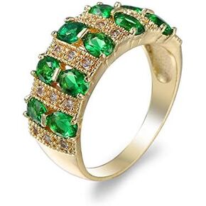 hsiyyecg Fashion Oval Green Paveing Cubic Zircon Emerald Ring,18K Yellow Gold Plated Half Eternity Ring Wedding CZ Bands for Women（6）