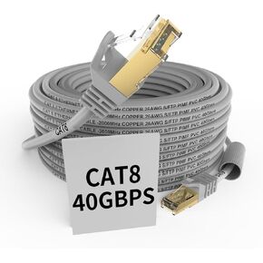 كابل إيثرنت Cat 8 بطول 100 قدم، كابل إيثرنت طويل لكاميرا Poe عالية السرعة نحاس 26AWG S/FTP PIMF Cat8 كابل شبكة LAN 40 جيجابت في الثانية مطلي بالذهب RJ45 خارجي ثقيل مقاوم للطقس رمادي قطعة واحدة (يتوفر 2 و4 قطع)