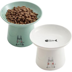 FIVEAGE Extra Wide Ceramic Raised Cat Bowls, 6.5 Inch Elevated Shallow Cat Food and Water Bowl, Large Heavy Sturdy Pet Feeding Dish for Elder Cats,Small Dogs, Whisker Friendly, 2 Pack(White&Blue)