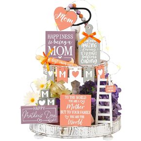 15 Pcs Mother's Day Tiered Tray Decor Happy Mother's Day Wood Signs Farmhouse Mothers Day Decorations Wooden Heart Bead Garland with LED String Lights for Mothers Gift Tabletop