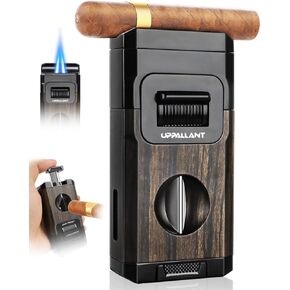 Torch Cigar Lighter, Built-in Cigar Cutter V Cut, Cigar Holder, with Classic Gift Box, Windproof Dual Jet Flame, Integrated Cigar Accessories, Butane Refillable Cool Lighters for Candle, Smoking