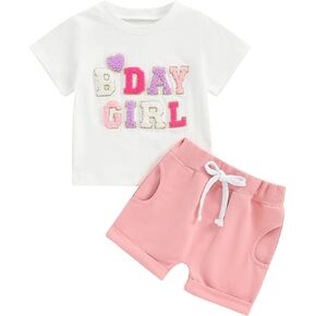 CREAIRY 2Pcs Toddler Baby Boy Girl Birthday Outfit Letter Short Sleeve T-Shirt Tops Jogger Pants Shorts Set Summer Clothes