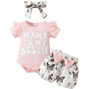 Bonangber Newborn Baby Girl Clothes Mama is My Bestie Outfit Short Sleeve Romper Shorts Headband 3Pcs Summer Clothes Set