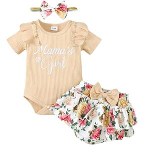Kaipiclos Newborn Baby Girl Mamas Girl Outfit Short Sleeve Letter Romper Ruffled Floral Shorts 3Pcs Cute Summer Clothes Set