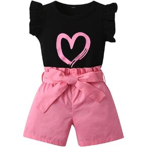 Rebey Toddler Baby Girl Clothes Summer Ruffle Sleeve T-Shirt Tops Shorts Outfits Set
