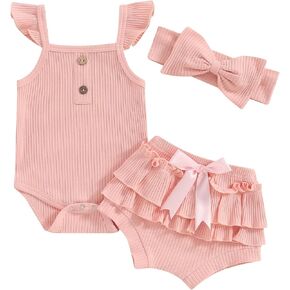 VISGOGO Toddler Baby Girl Summer Clothes Solid Color Ribbed Romper + Ruffles Shorts + Headband Cute Outfits Set